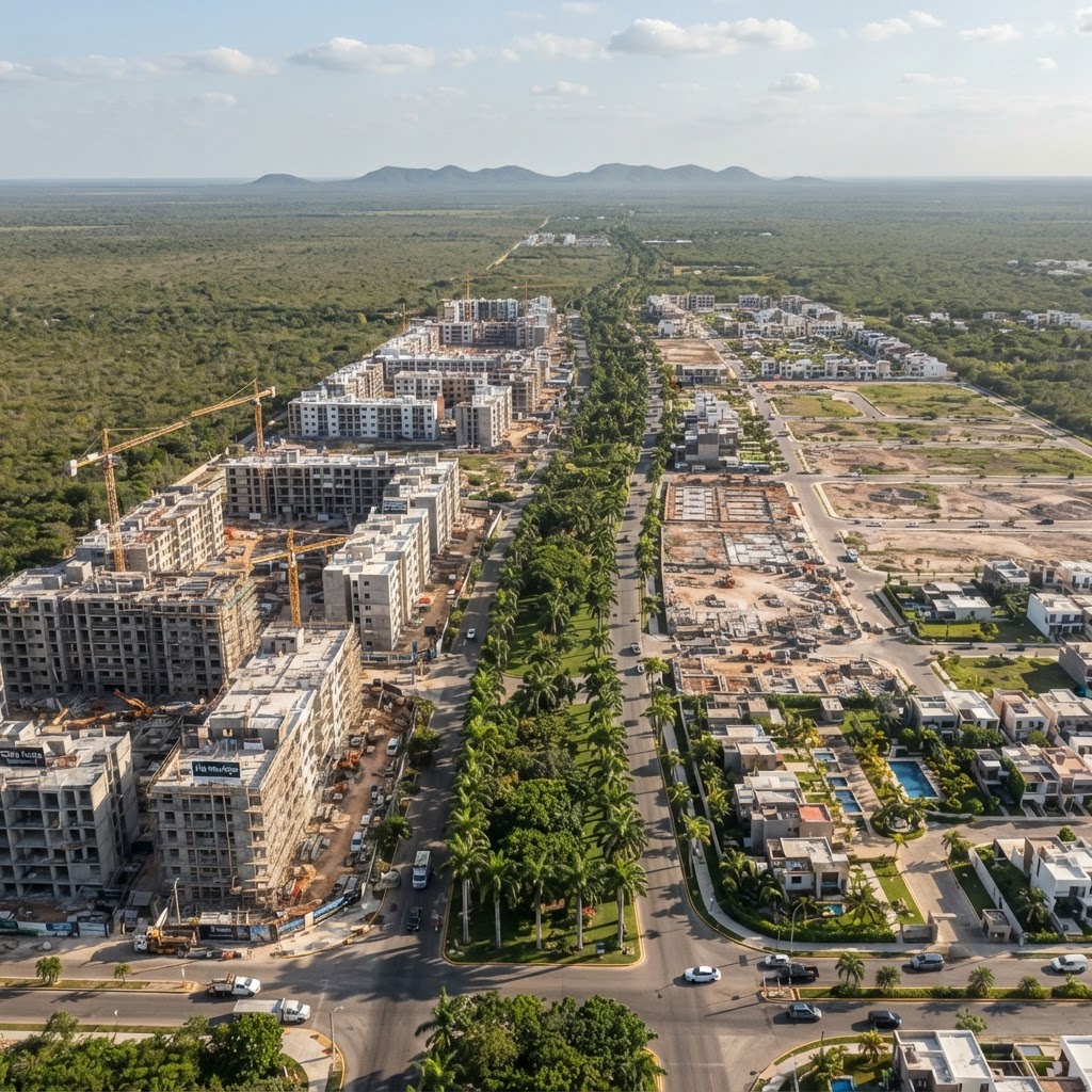 Vista aérea de desarrollos verticales de departamentos en el norte de Mérida, Yucatán