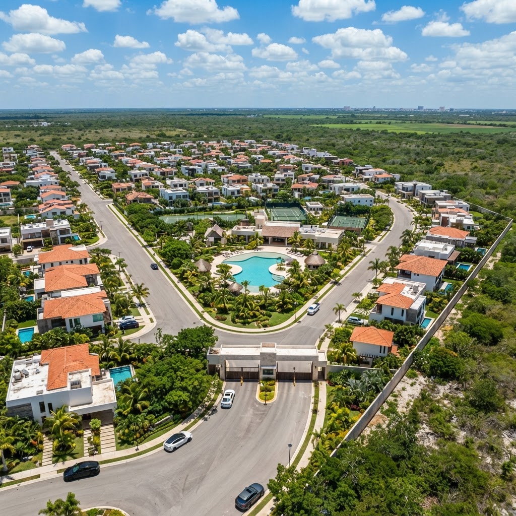 Vista aérea de un desarrollo de lujo en Mérida con club house y alberca