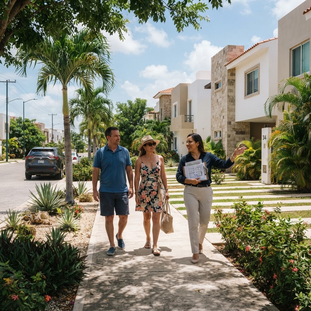 Asesores inmobiliarios AMPI Mérida recorriendo un desarrollo residencial con clientes