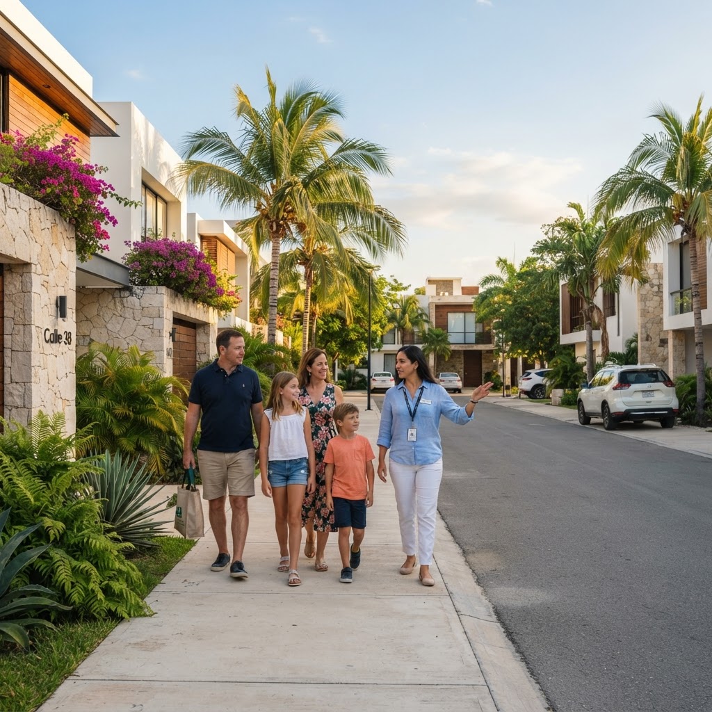 Familia extranjera recorriendo un desarrollo residencial nuevo en Mérida acompañada por un asesor