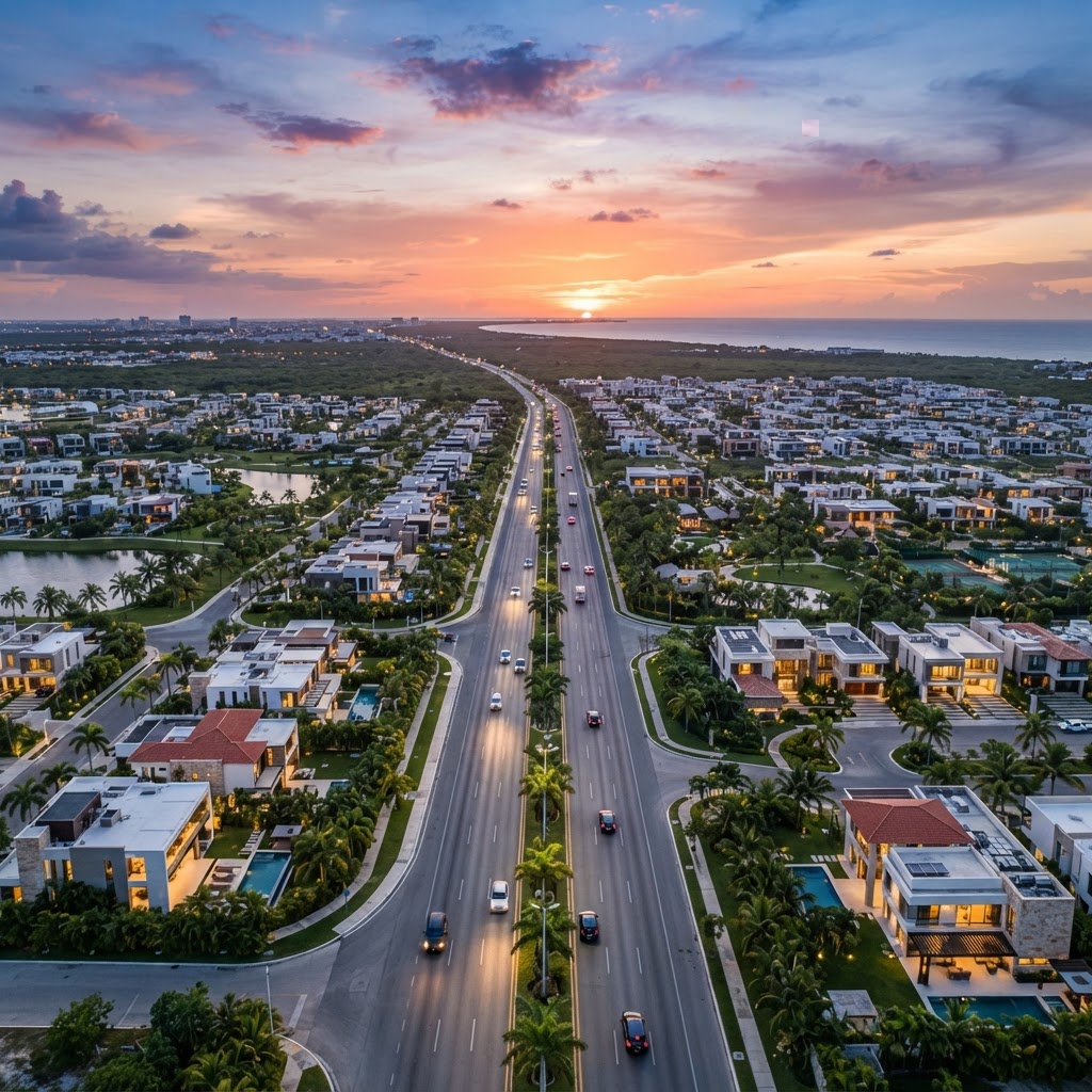 Corredor Mérida-Progreso con desarrollos residenciales al atardecer
