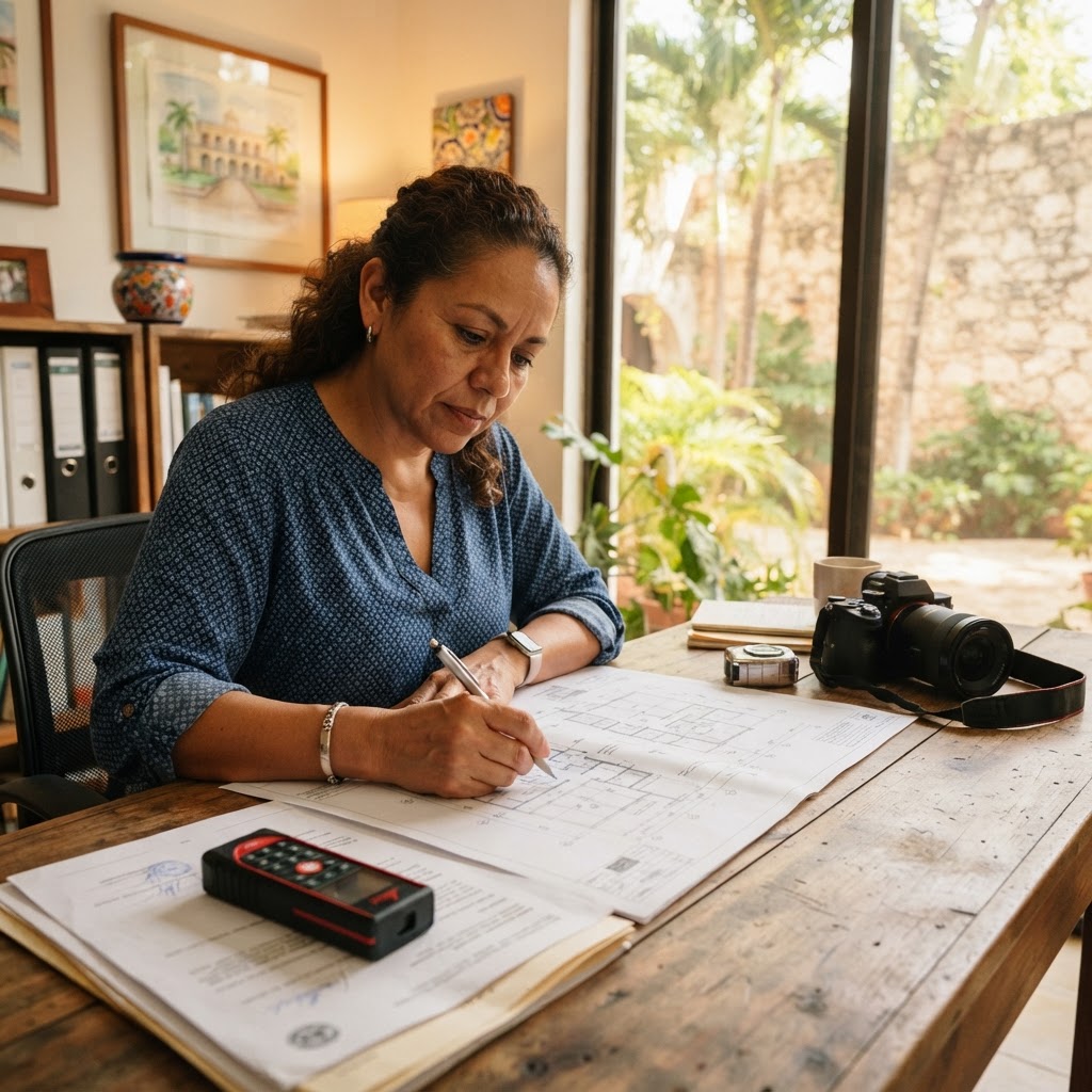 Perito revisando documentos para un avalúo inmobiliario en Mérida