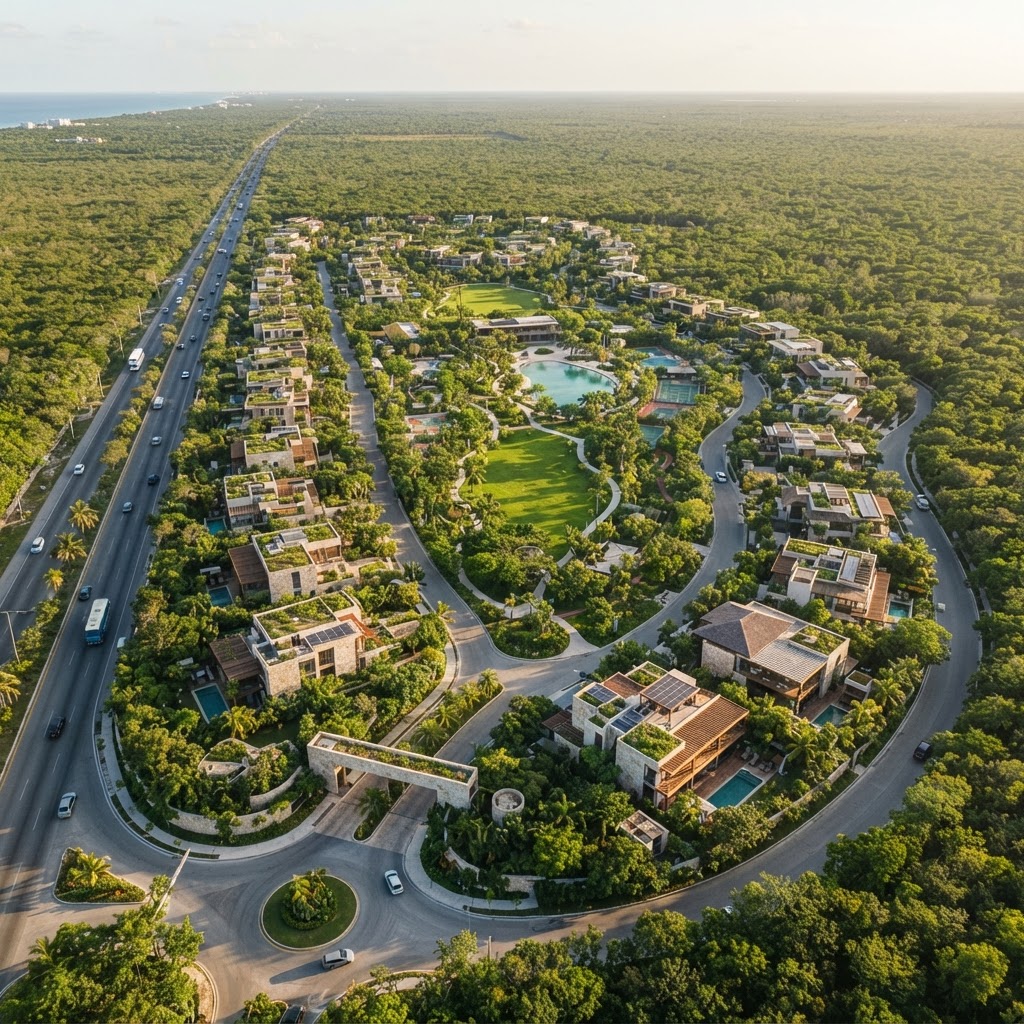 Vista aérea de comunidad planificada de lujo en el corredor Mérida-Progreso