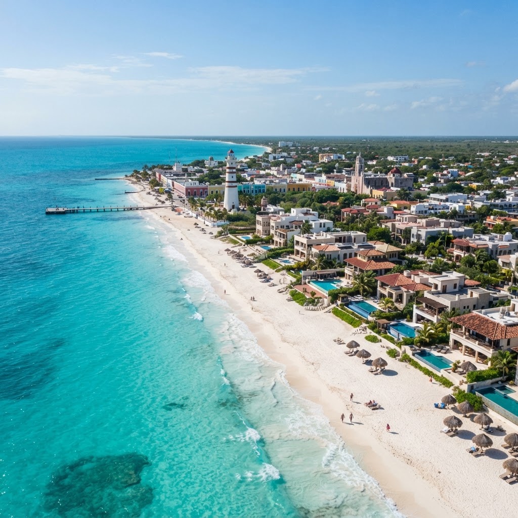 Vista aérea de la costa de Sisal Pueblo Mágico Yucatán