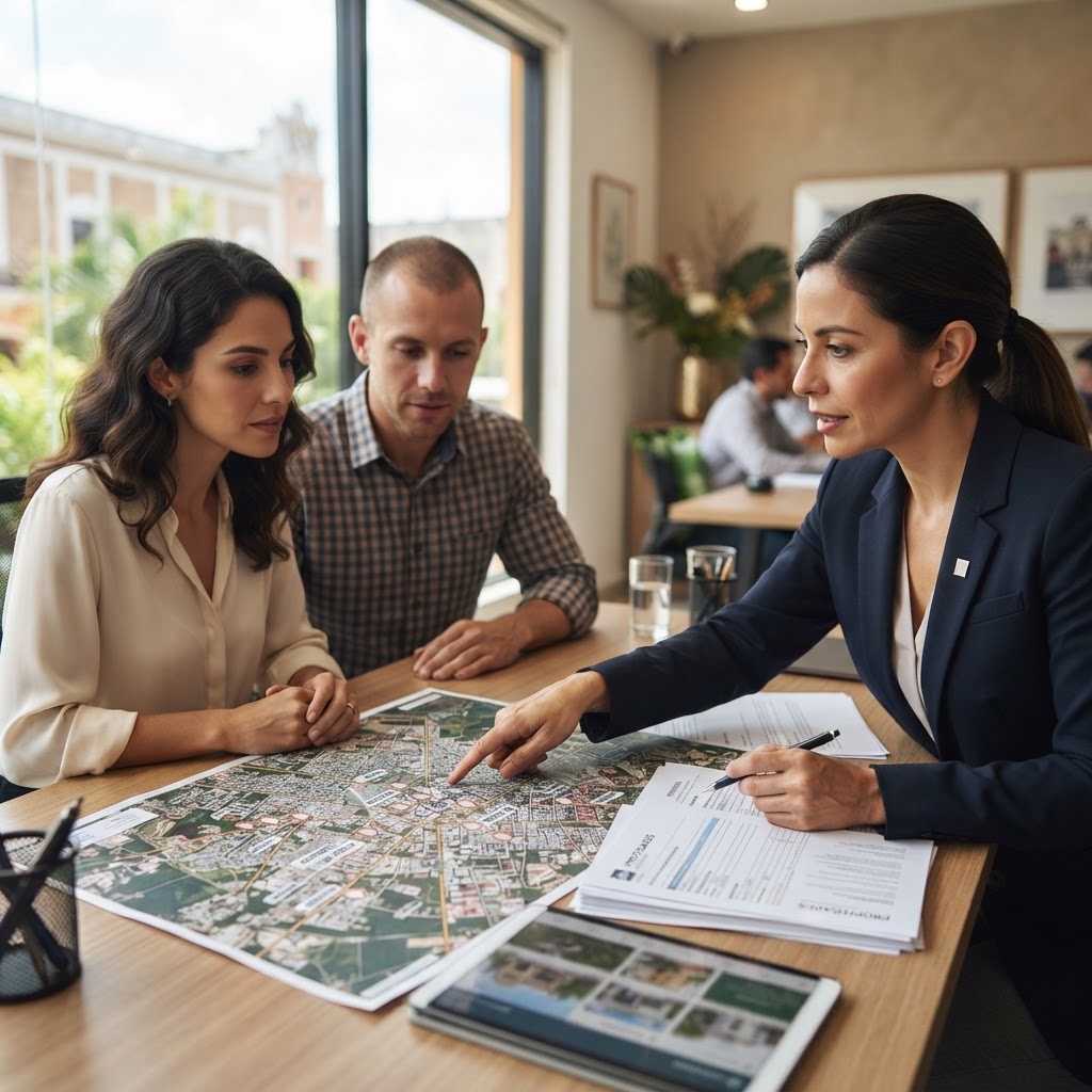 Revisión de documentos y mercado con asesores inmobiliarios AMPI Mérida