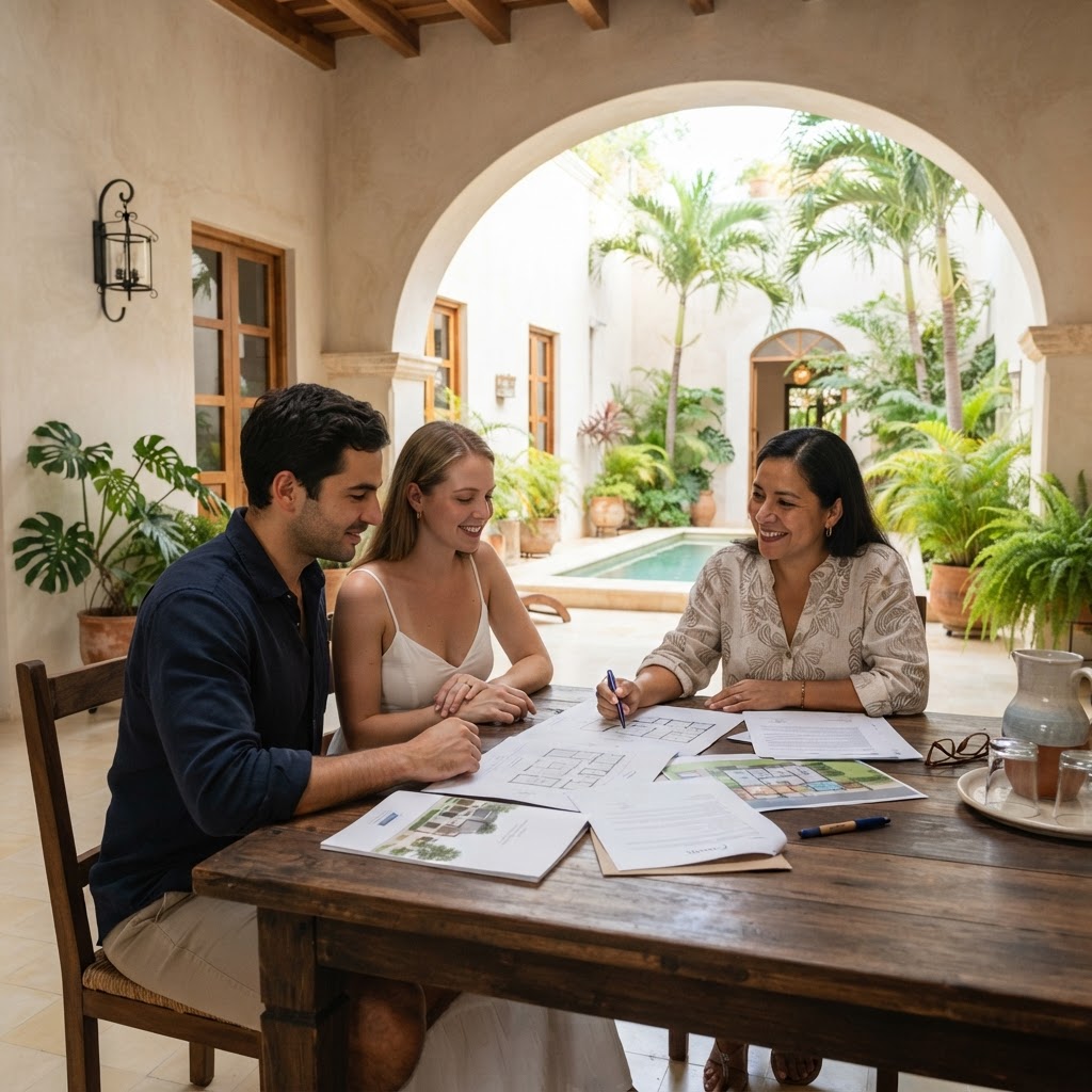 Familia revisando documentos para comprar casa en Mérida