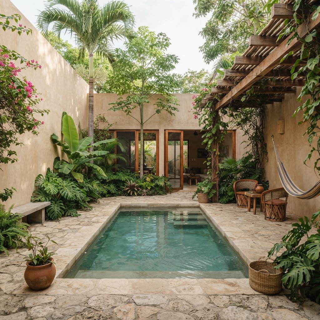 Patio interior con piscina de una casa en privada en Mérida, Yucatán