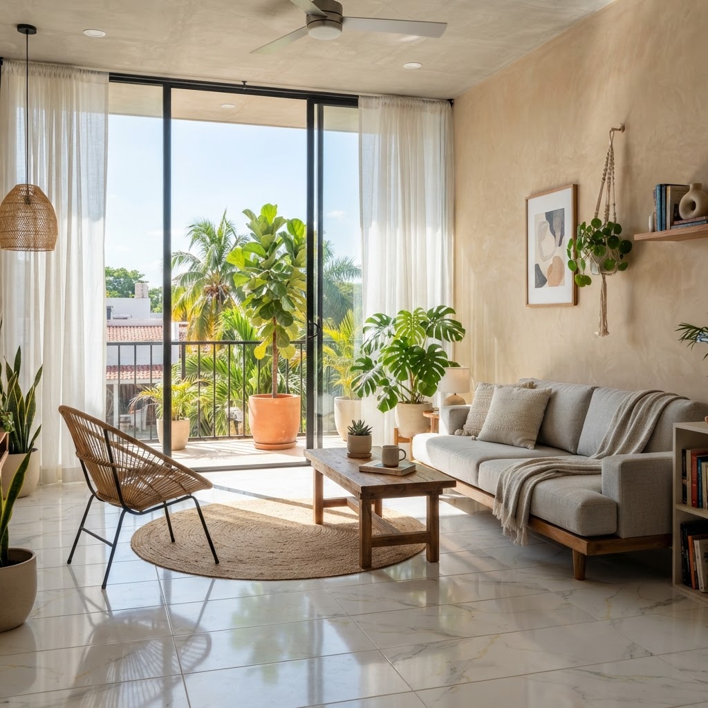 Interior luminoso de un departamento en venta en Mérida con acabados contemporáneos