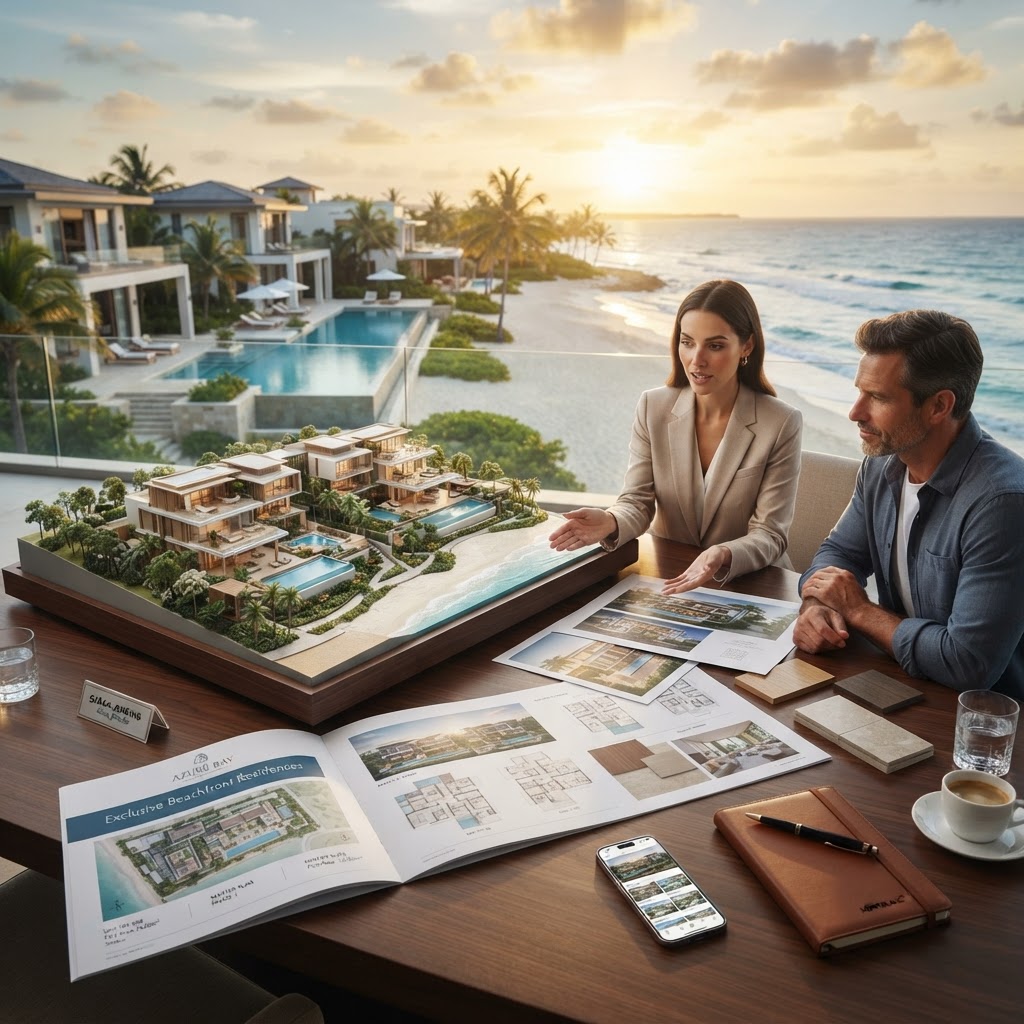Planos maestros y maquetas de desarrollo residencial de lujo sobre mesa de presentación