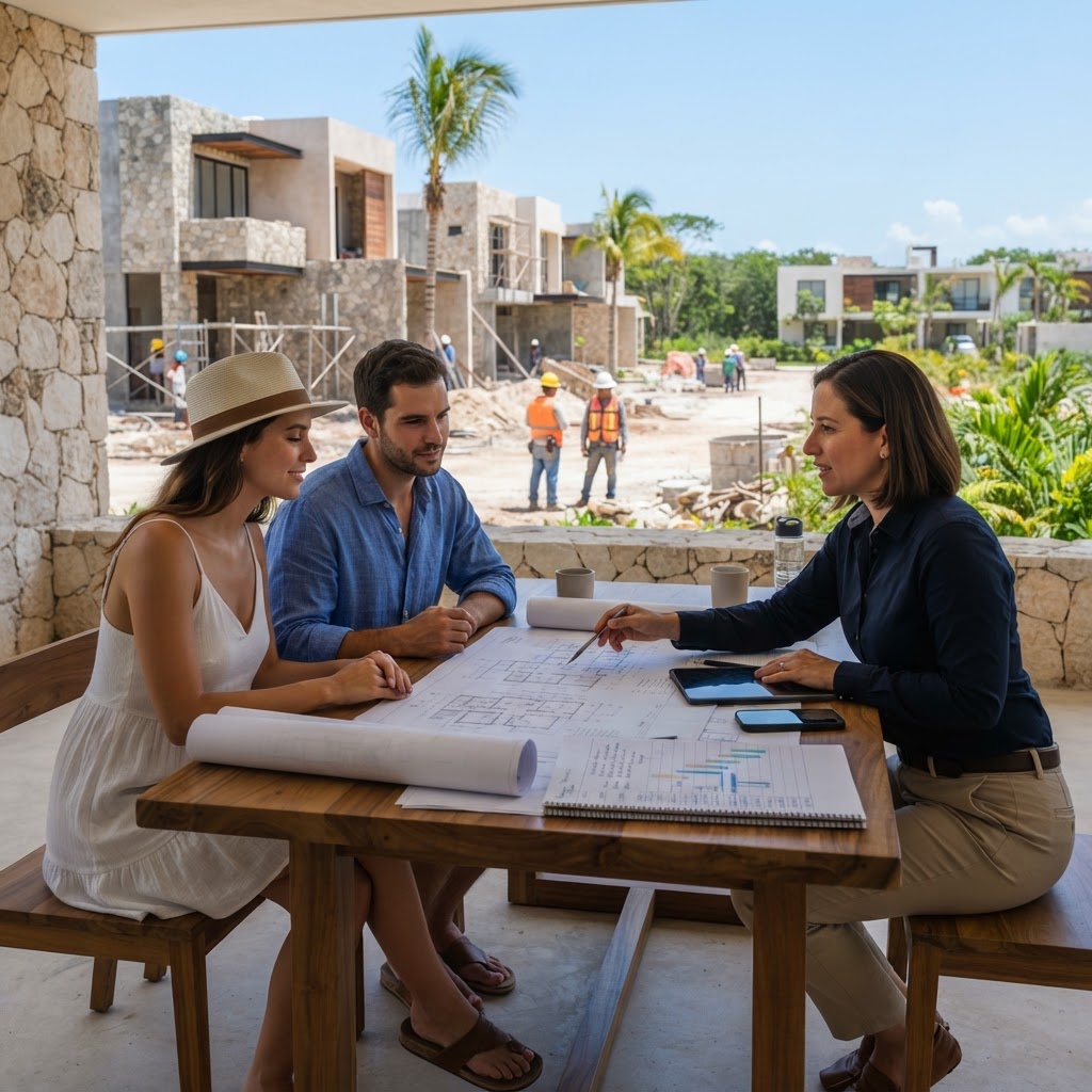 Compradores revisando planos y calendario de obra en Mérida