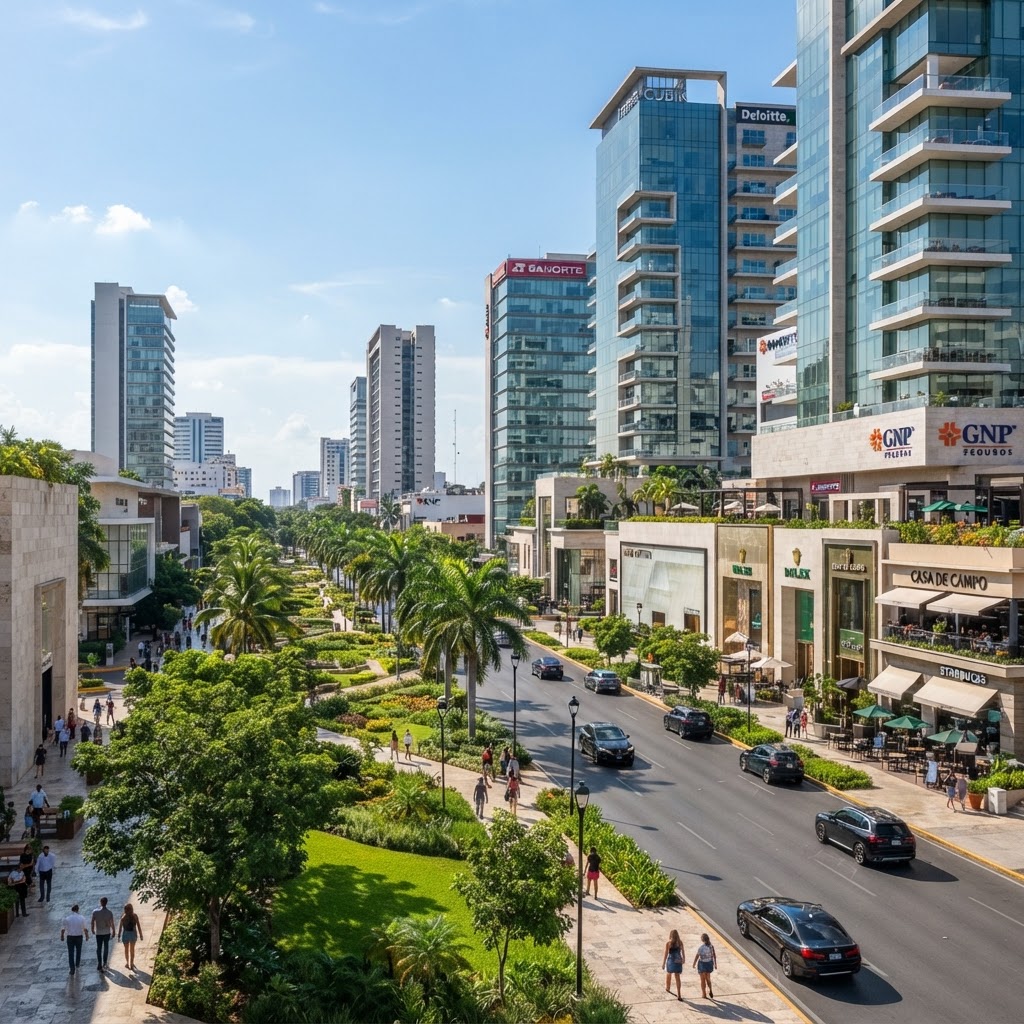 Avenida comercial de usos mixtos y torres corporativas en el norte de Mérida Yucatán