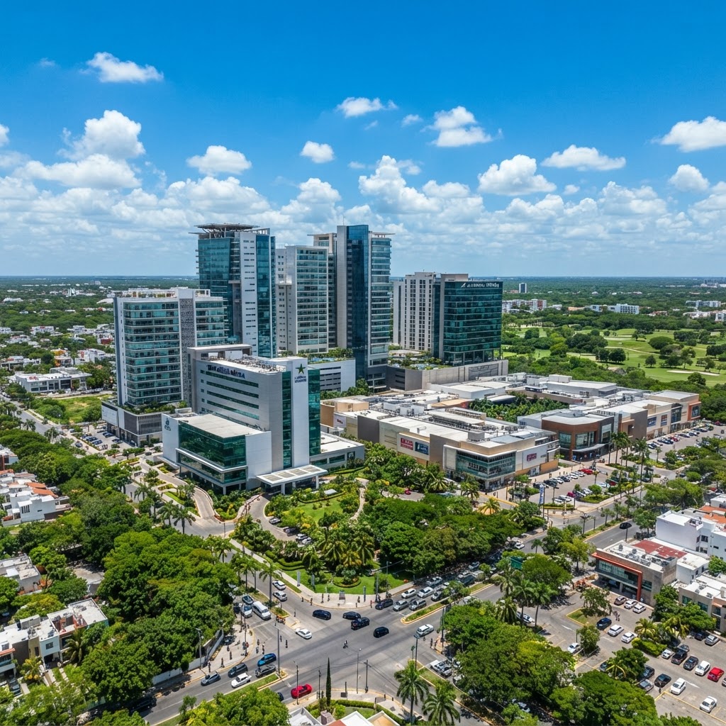 Vista panorámica del skyline comercial y médico de Altabrisa Mérida Yucatán