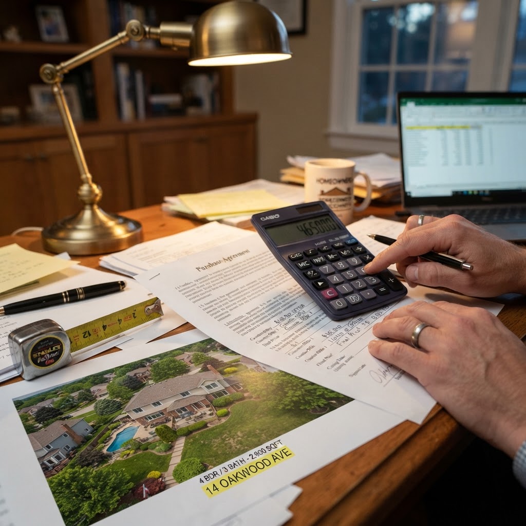 Preparación de una negociación de precio de casa con calculadora, contrato y planos