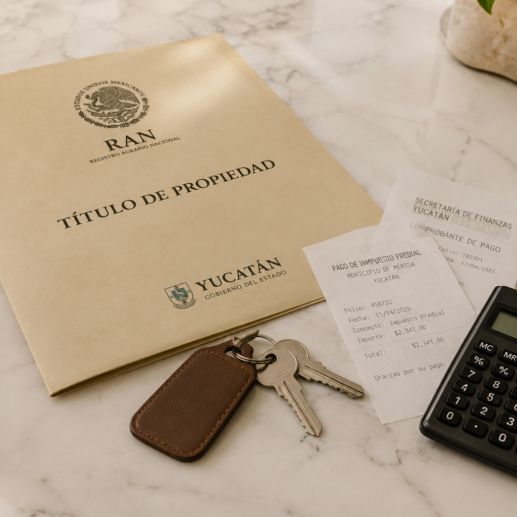 Llaves, escritura y recibos de impuestos sobre una mesa antes del cierre