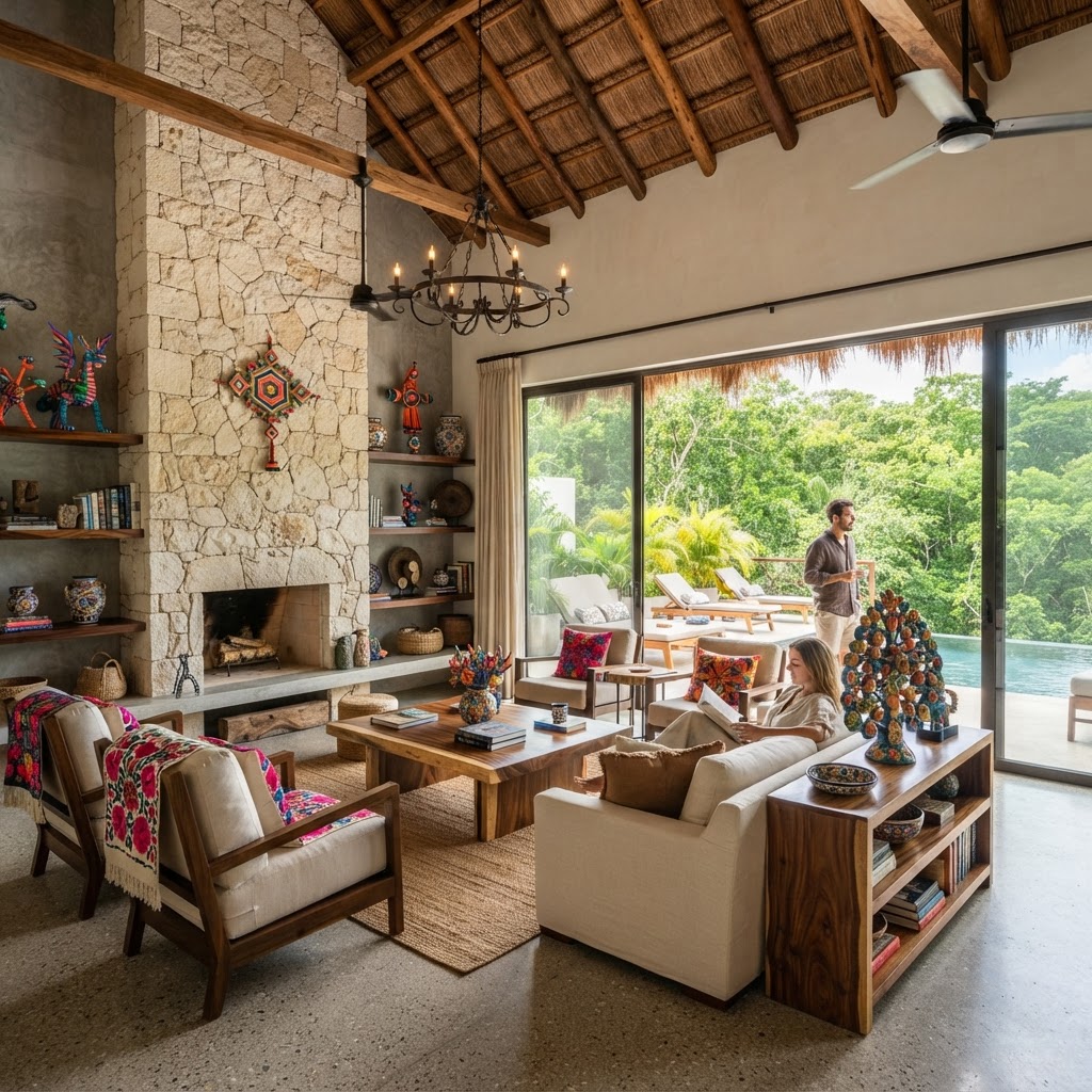 Interiorismo de villa de lujo con arte popular mexicano en la Península de Yucatán