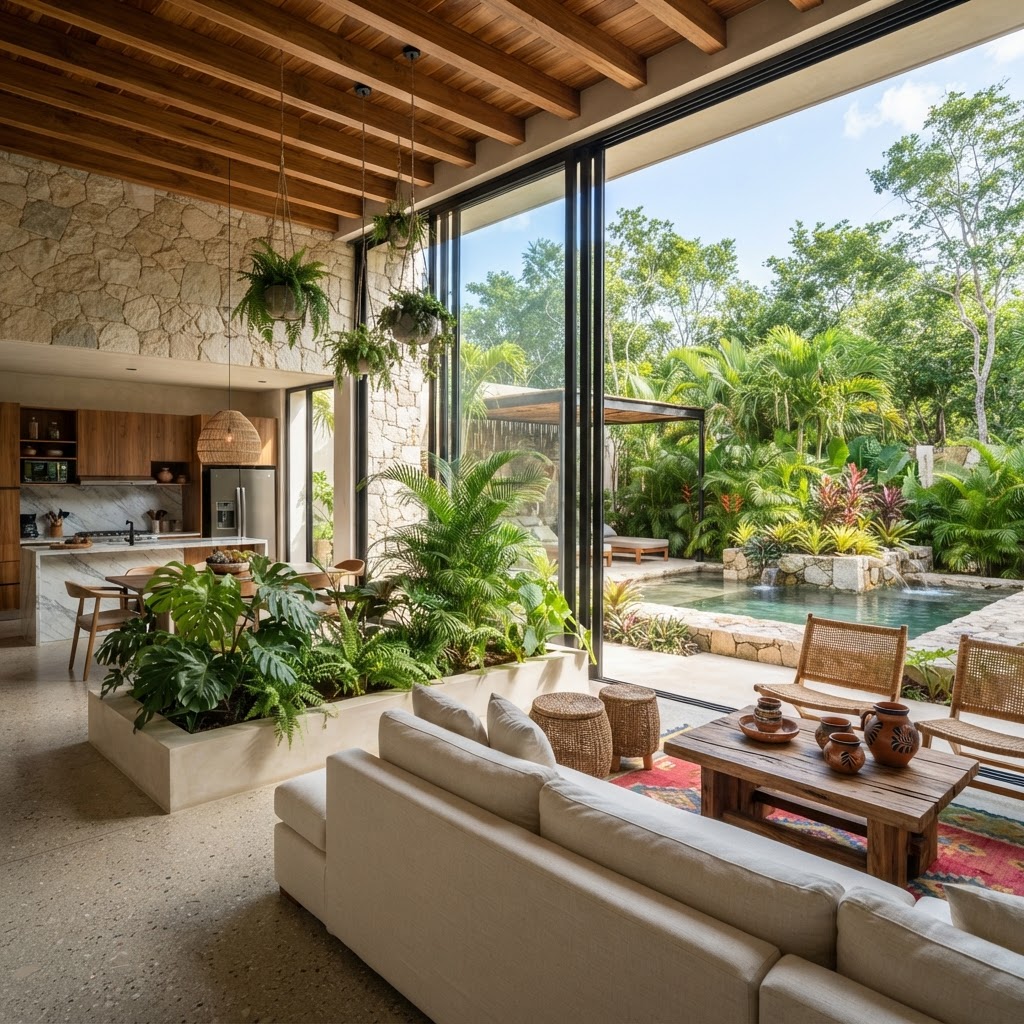 Interior de residencia de lujo con vista a jardines tropicales en Yucatán