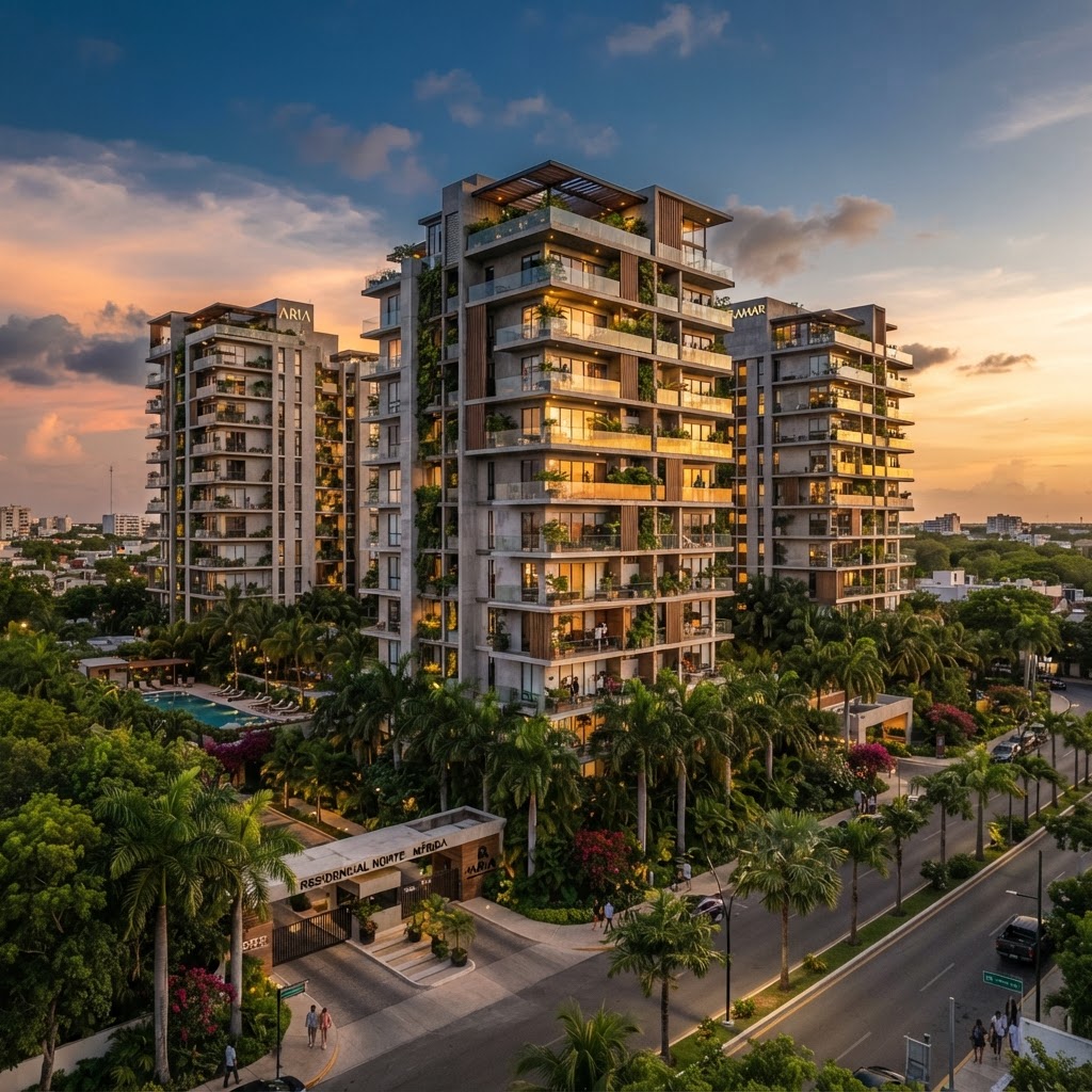 Torres residenciales verticales modernas al norte de Mérida al atardecer