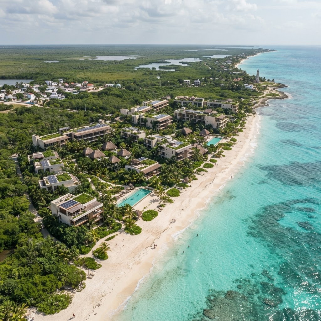 Vista aérea de desarrollo sustentable cerca de la playa en San Crisanto Yucatán