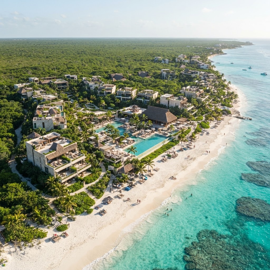 Vista aérea del desarrollo costero en la península de Yucatán