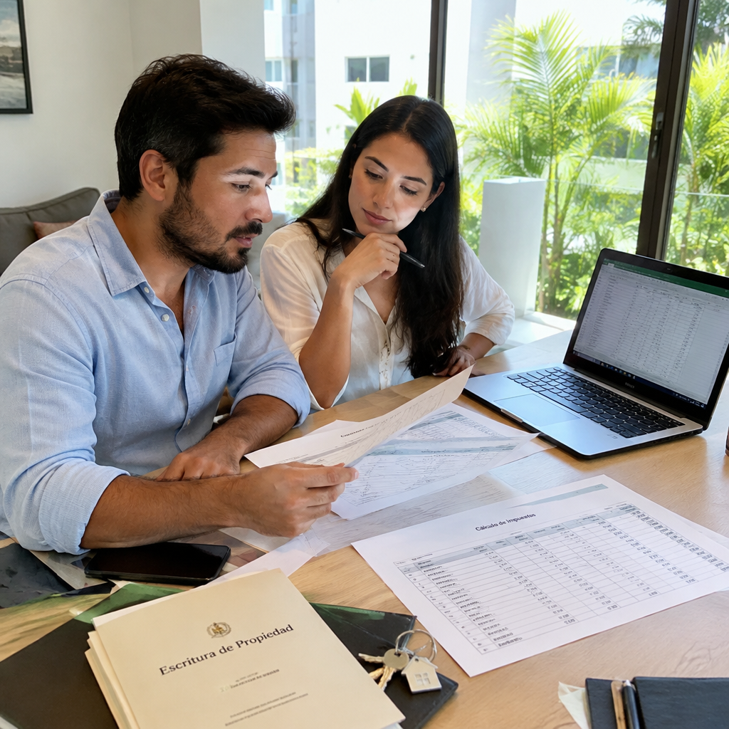 Pareja revisando cálculos de impuestos de compraventa de inmuebles en Mérida