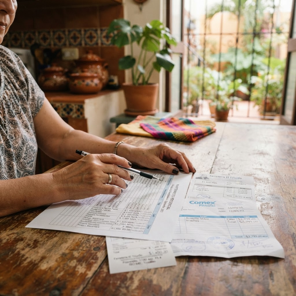 Propietario revisando el presupuesto de mantenimiento y facturas en una casa en Mérida