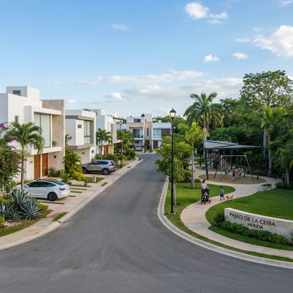 Calle residencial interna con casas contemporáneas en privada exclusiva de Mérida
