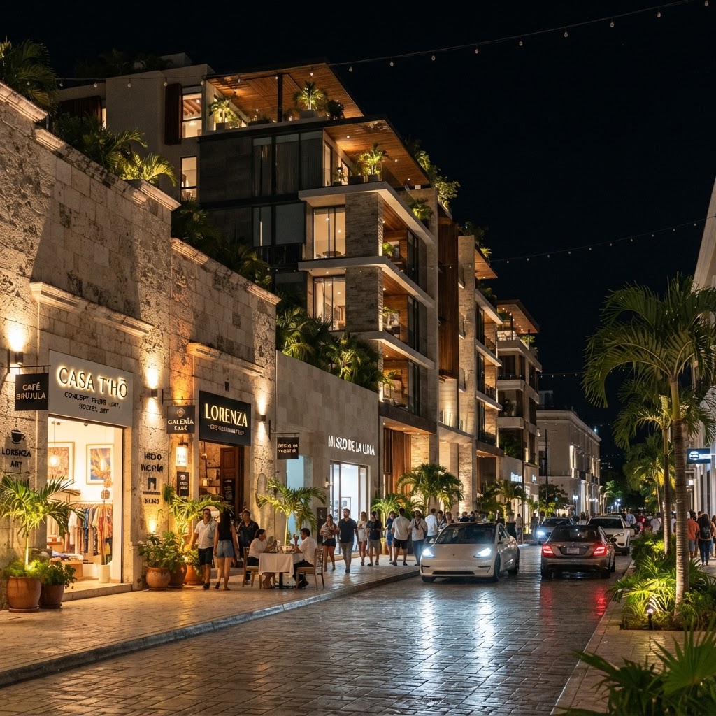 Corredor comercial y residencial de lujo iluminado de noche en Mérida Yucatán