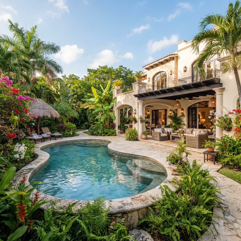 Villa vacacional de lujo con alberca privada y jardín tropical en Yucatán