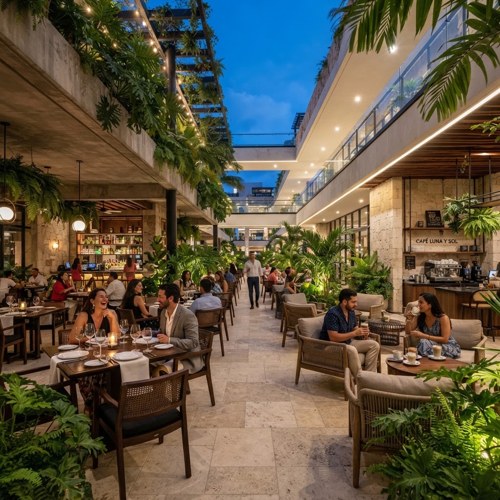 Terraza gastronómica y arquitectura moderna en City 32 Mérida