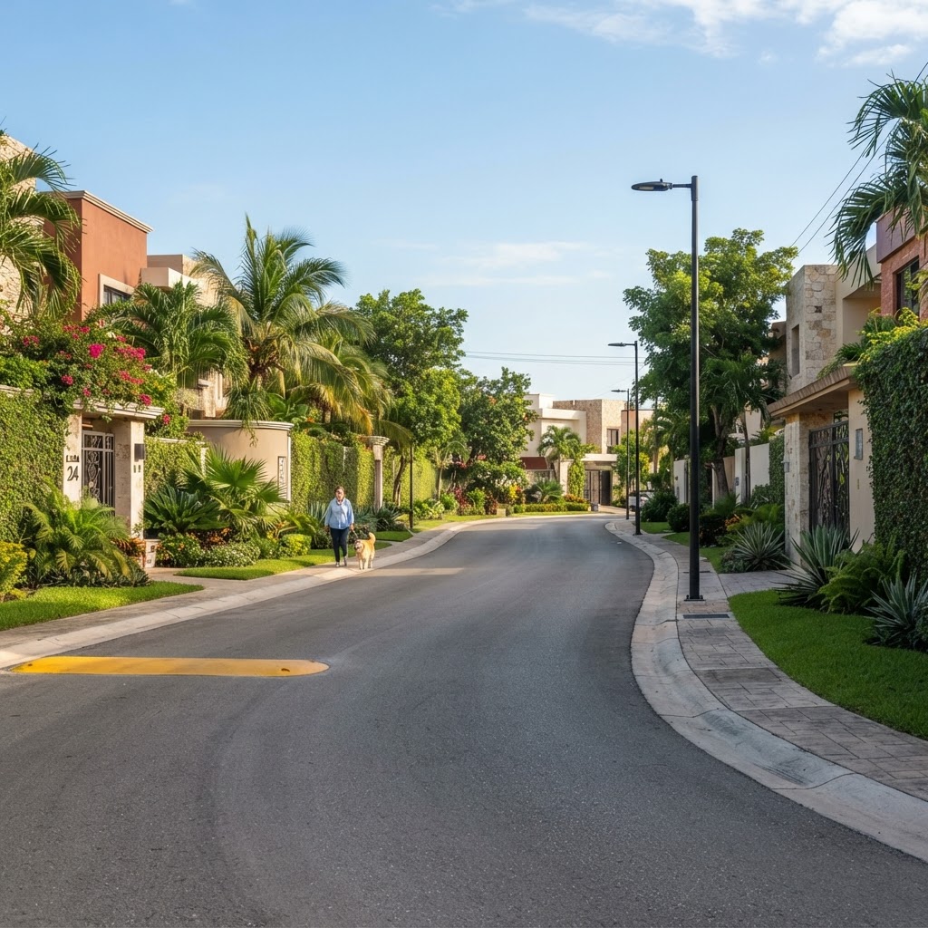 Calle interior con jardines y alumbrado en una privada residencial de Mérida