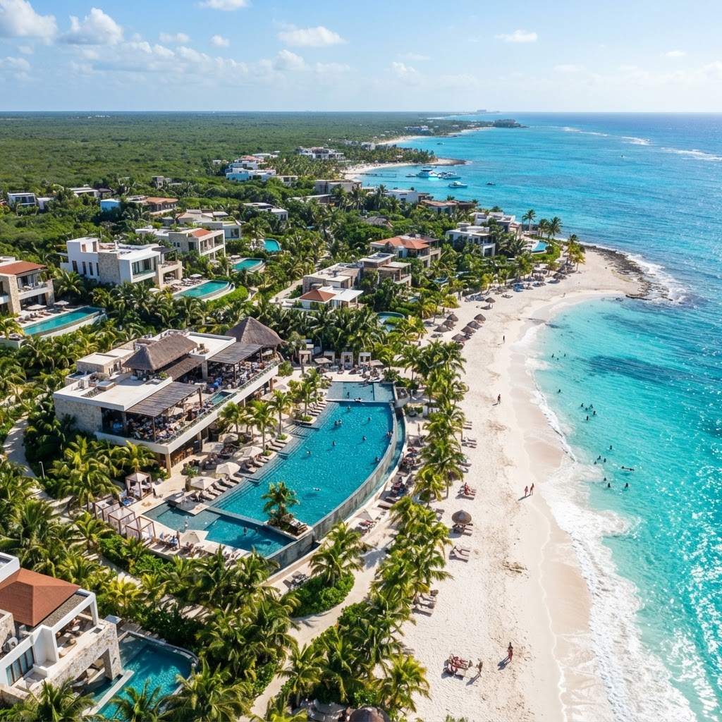 Vista aérea del desarrollo costero y club de playa en Yucatán