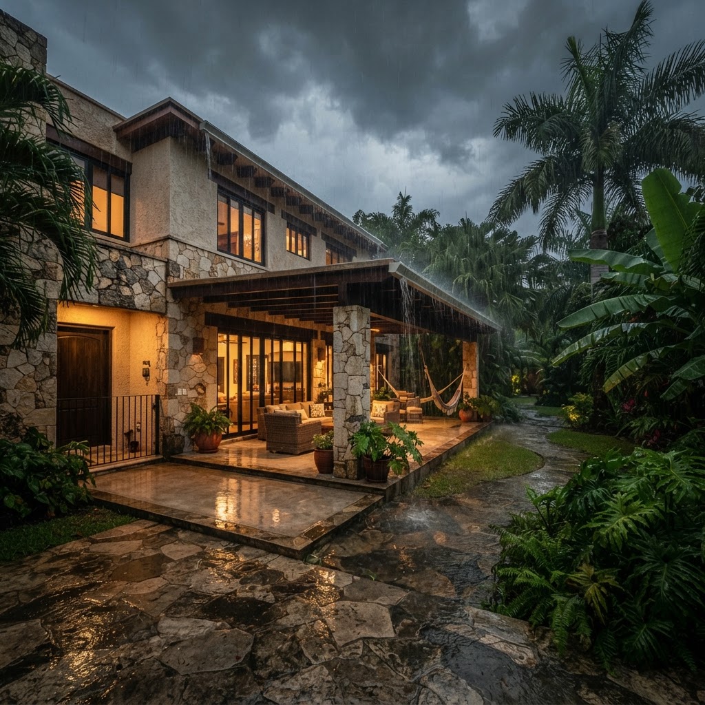 Casa protegida durante una lluvia tropical en Mérida