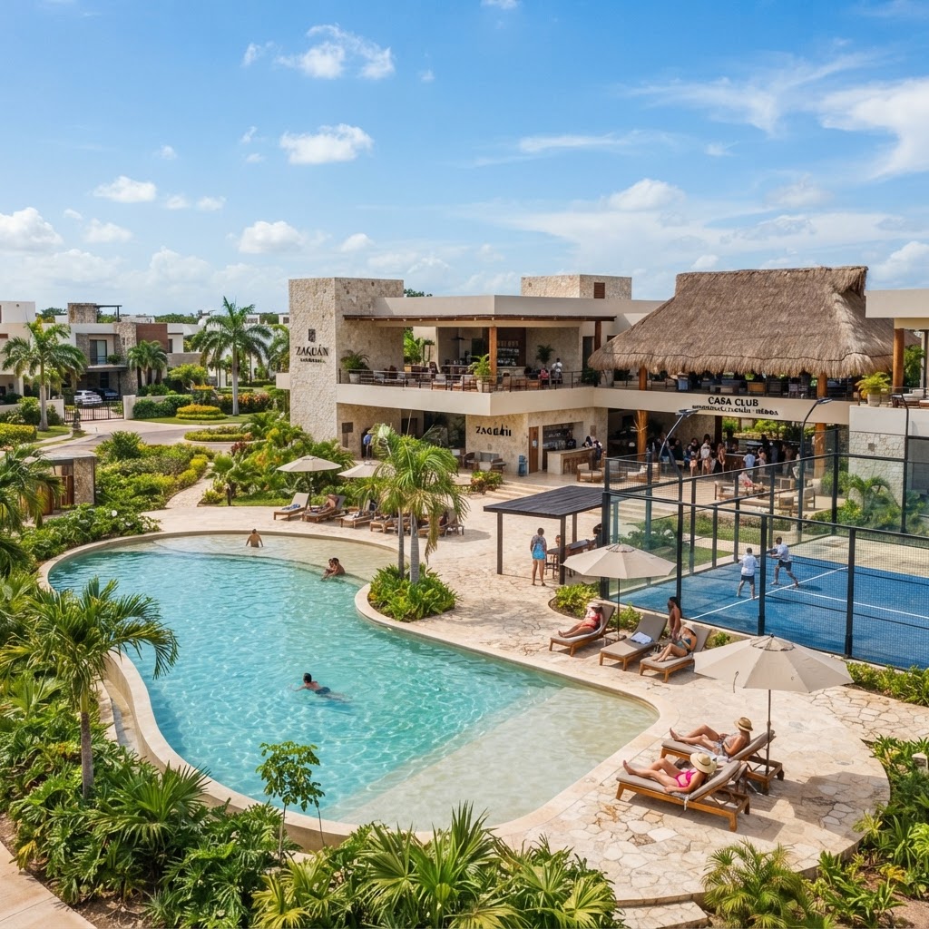 Casa club con alberca y cancha de pádel en desarrollo residencial privado en Mérida