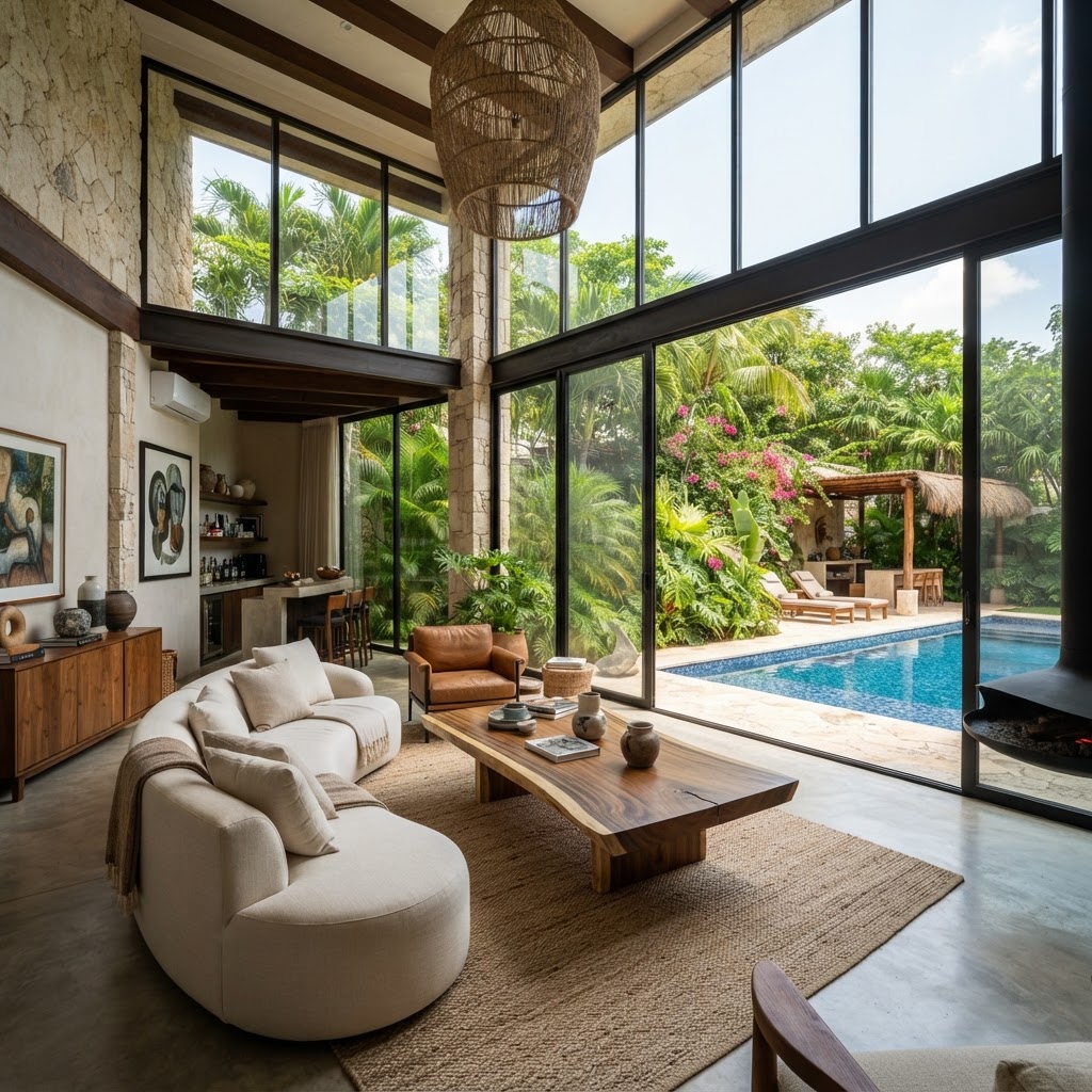 Sala de estar de lujo en residencia del norte de Mérida con diseño interior sofisticado
