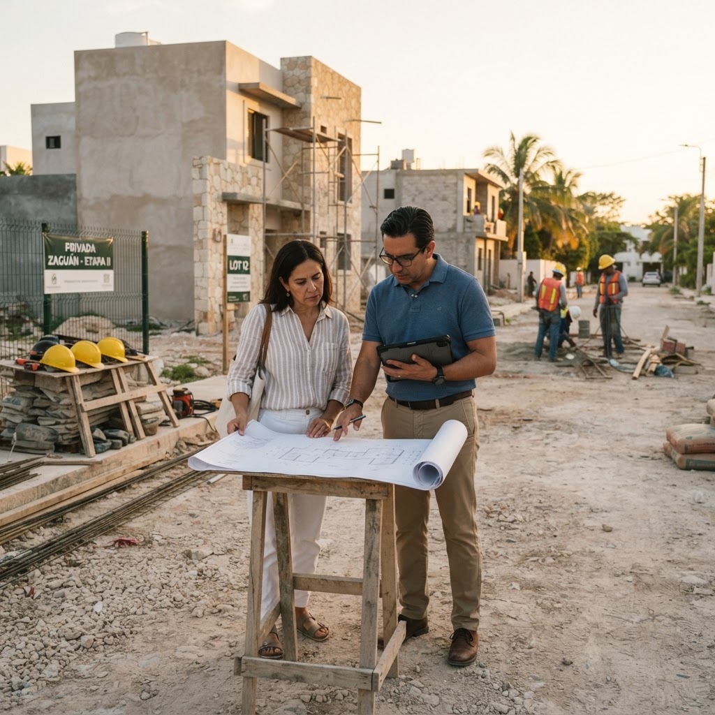 Pareja de inversionistas revisando planos y documentos de una propiedad en el sur de Mérida