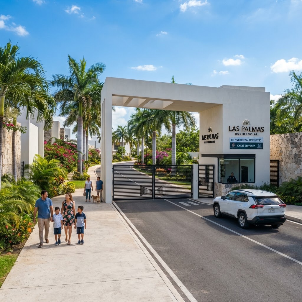 Entrada de fraccionamiento con casas nuevas en Ciudad Caucel, al poniente de Mérida, Yucatán
