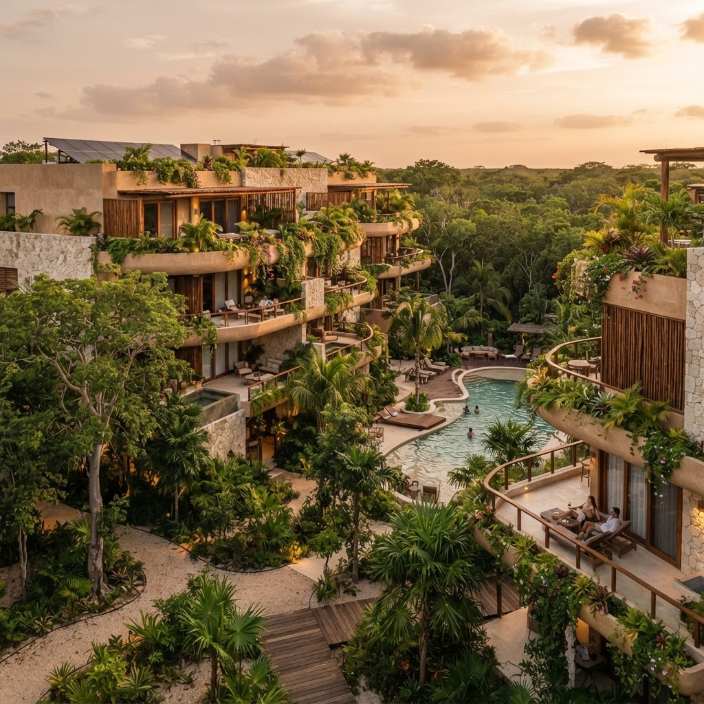 Condominio residencial eco-lujoso sustentable en Yucatán con jardines nativos
