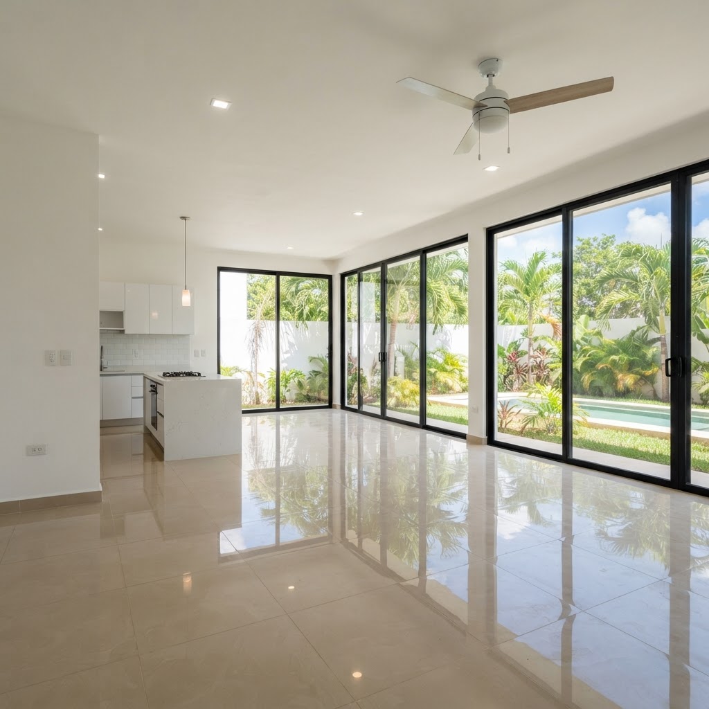 Interior luminoso de una casa nueva de estrena en Mérida con sala comedor y cocina integral
