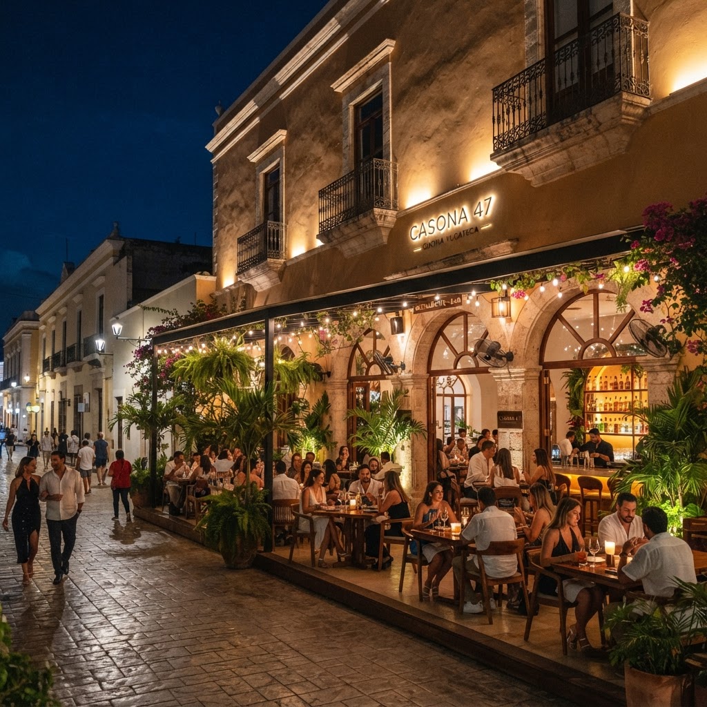 Terraza de restaurante de lujo en Mérida Yucatán iluminada durante la noche