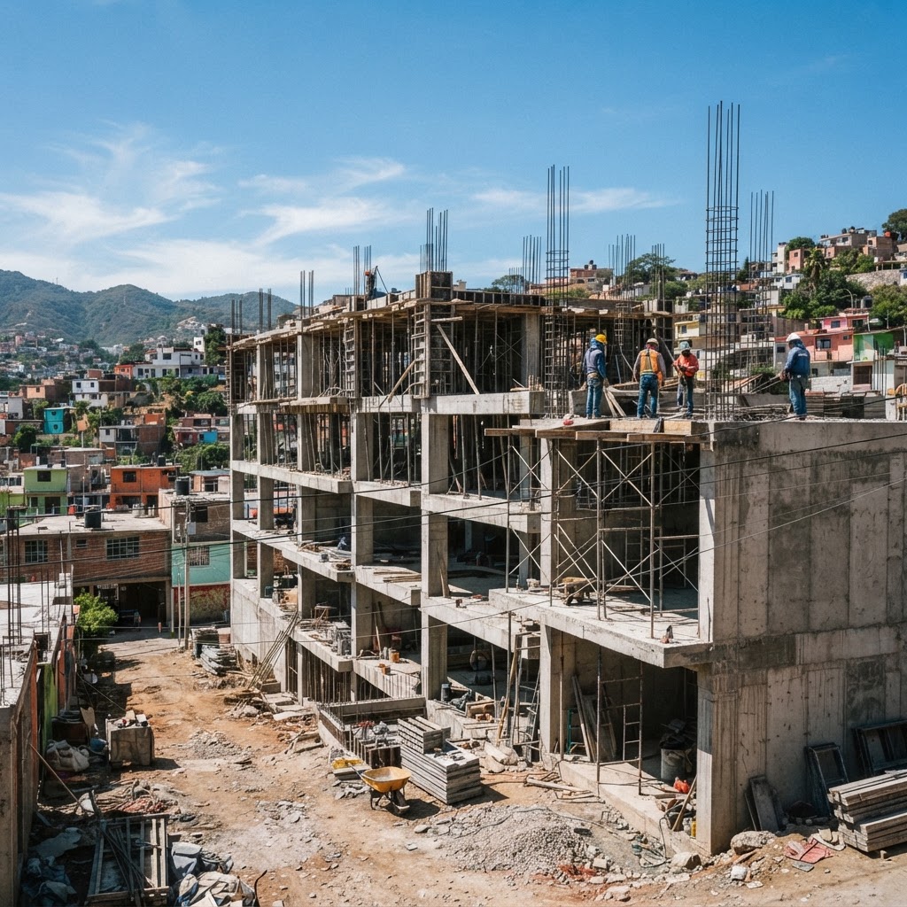 Pareja con casco recorriendo un desarrollo en construcción en Mérida
