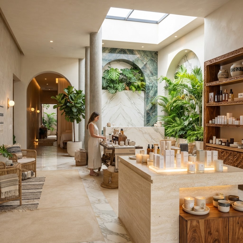 Interior de boutique de belleza consciente y espacio de bienestar en Mérida