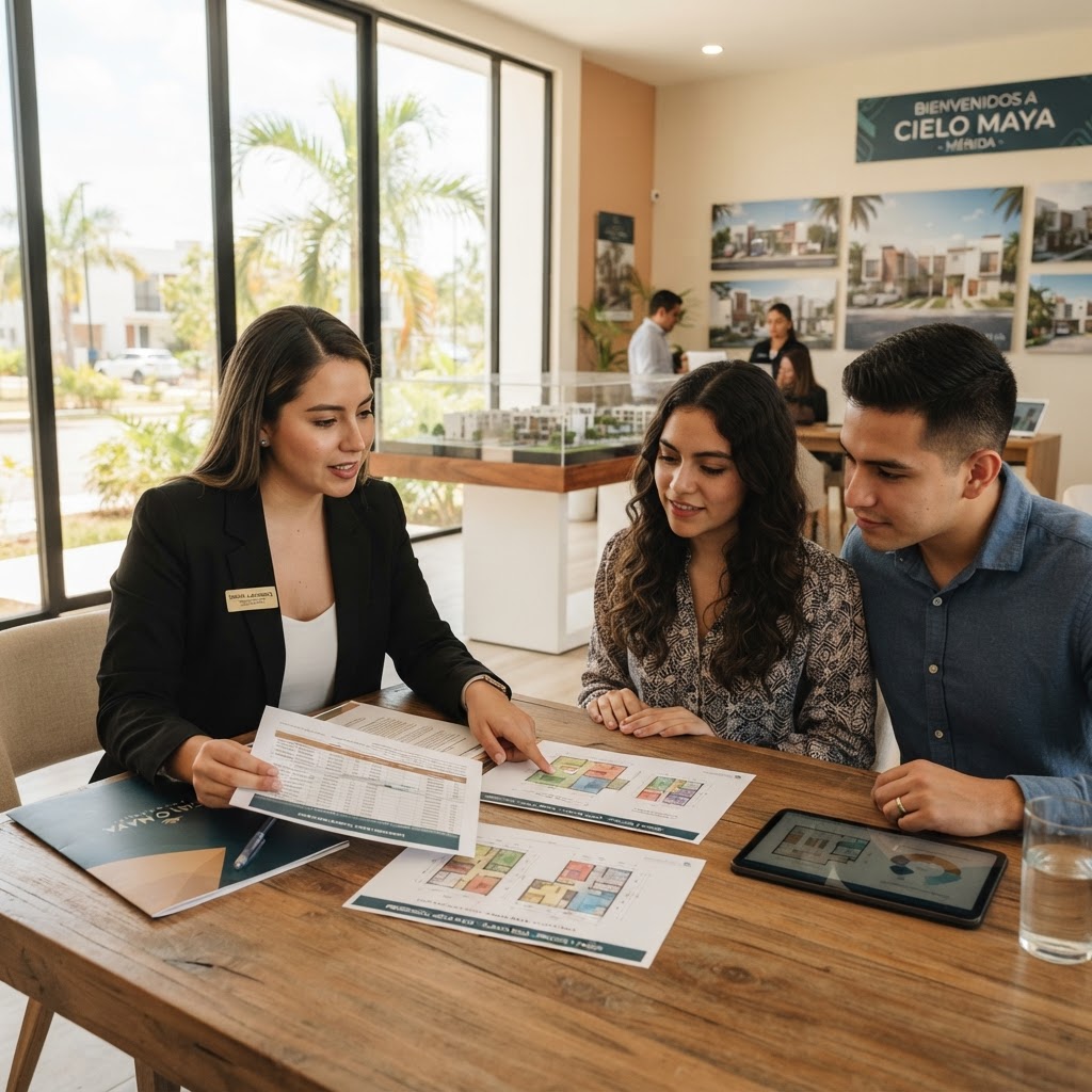 Asesora inmobiliaria muestra una propuesta de pagos de casas en preventa en Mérida norte a una pareja