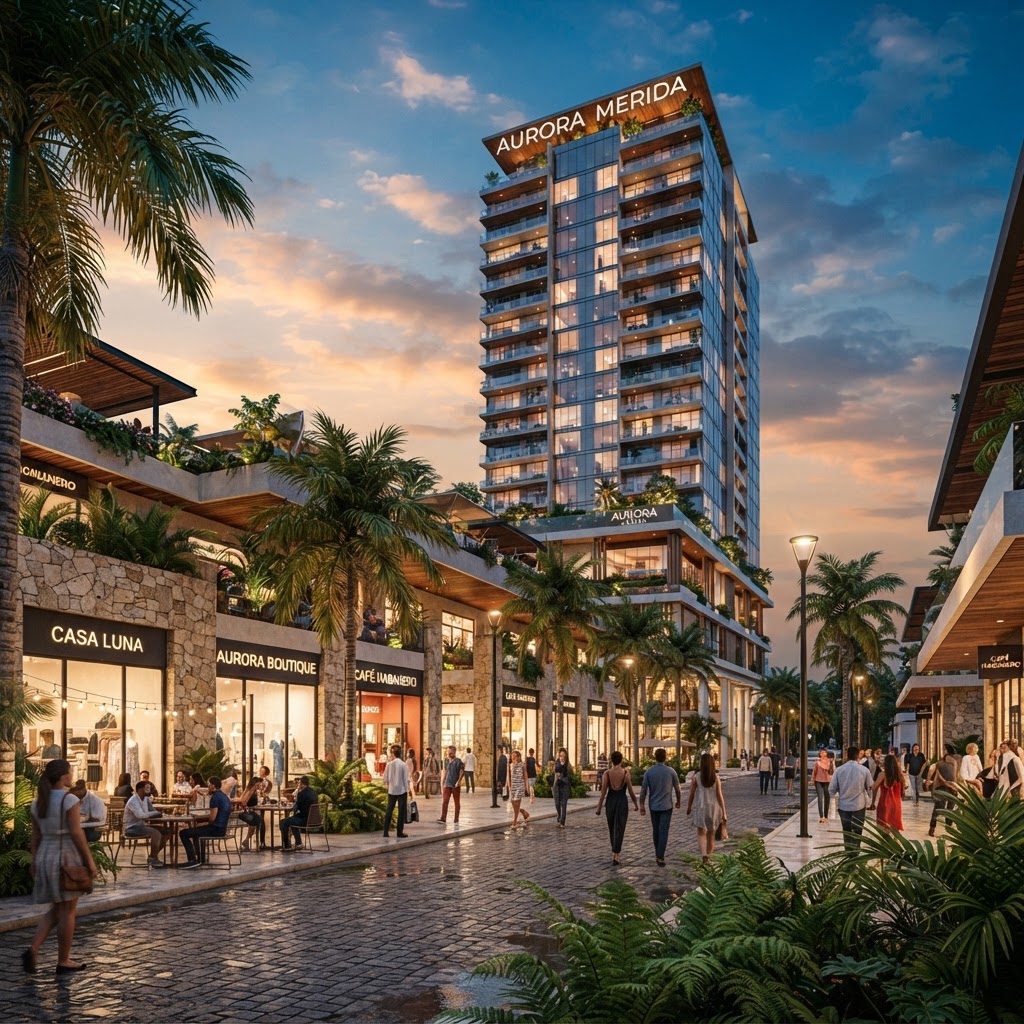 Corredor comercial urbano y torre residencial en Mérida Yucatán