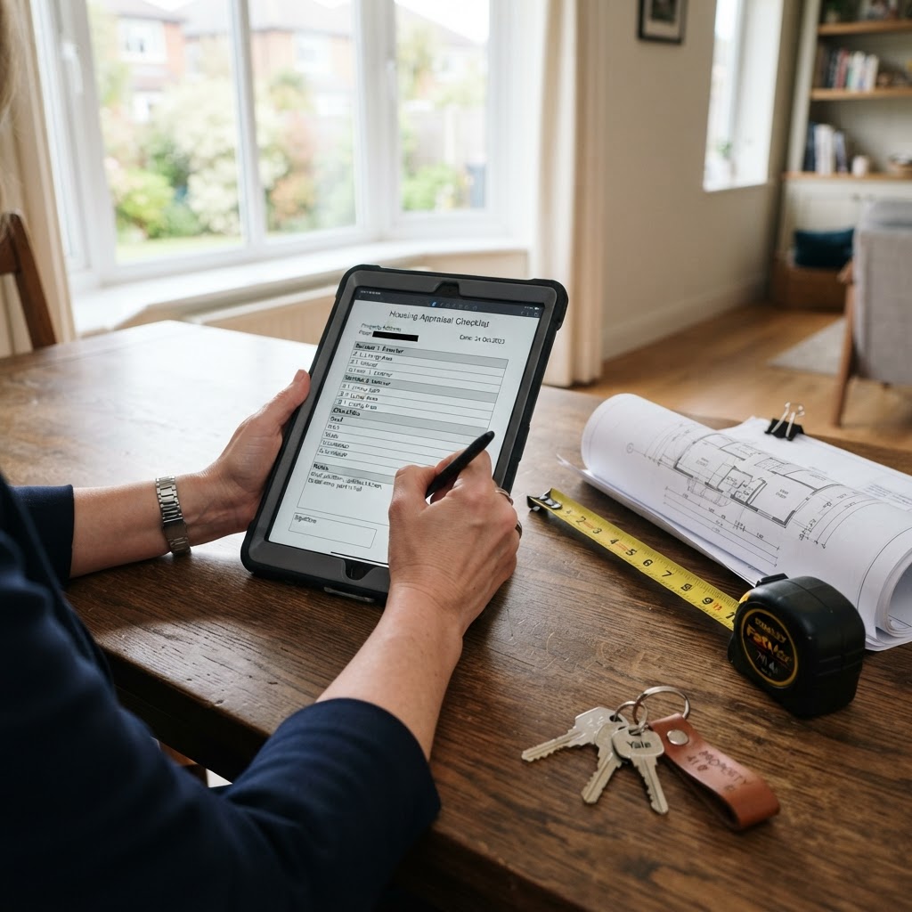 Valuador profesional documentando su dictamen con checklist y planos en tablet