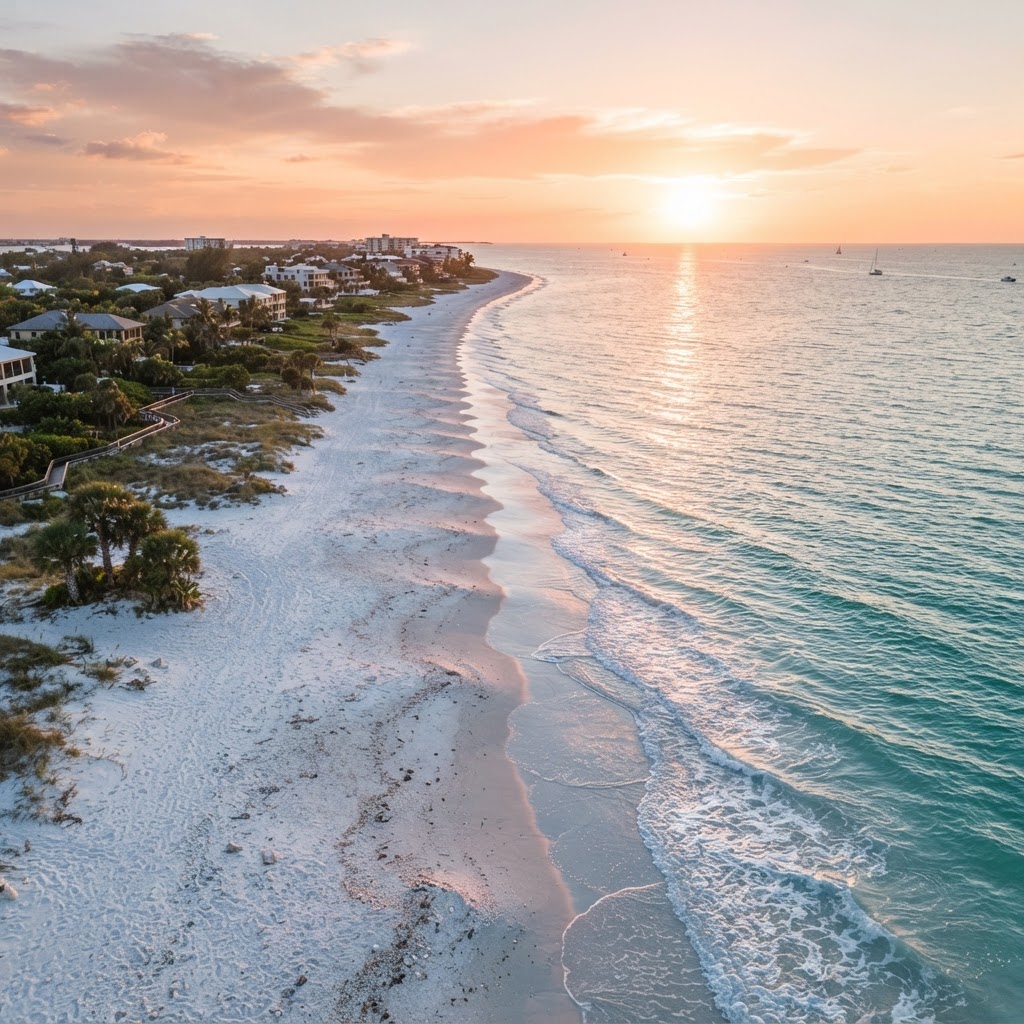 Gulf Coast beachfront aerial view at sunset
