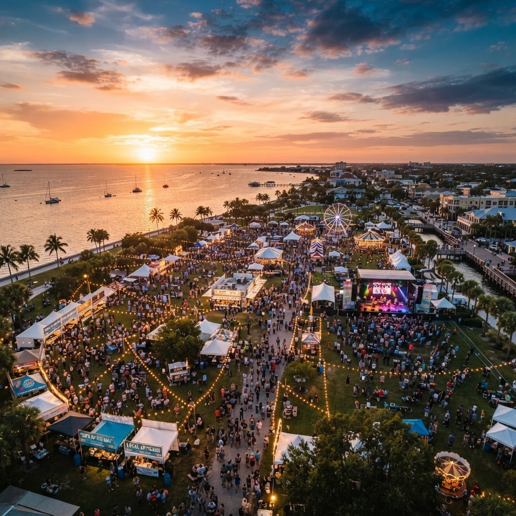 Drone capturing a large outdoor event at sunset