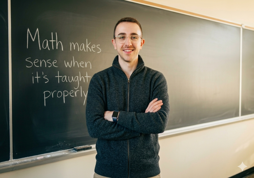 Simon Bianco, Math Done Right Founder, in front of chalkboard