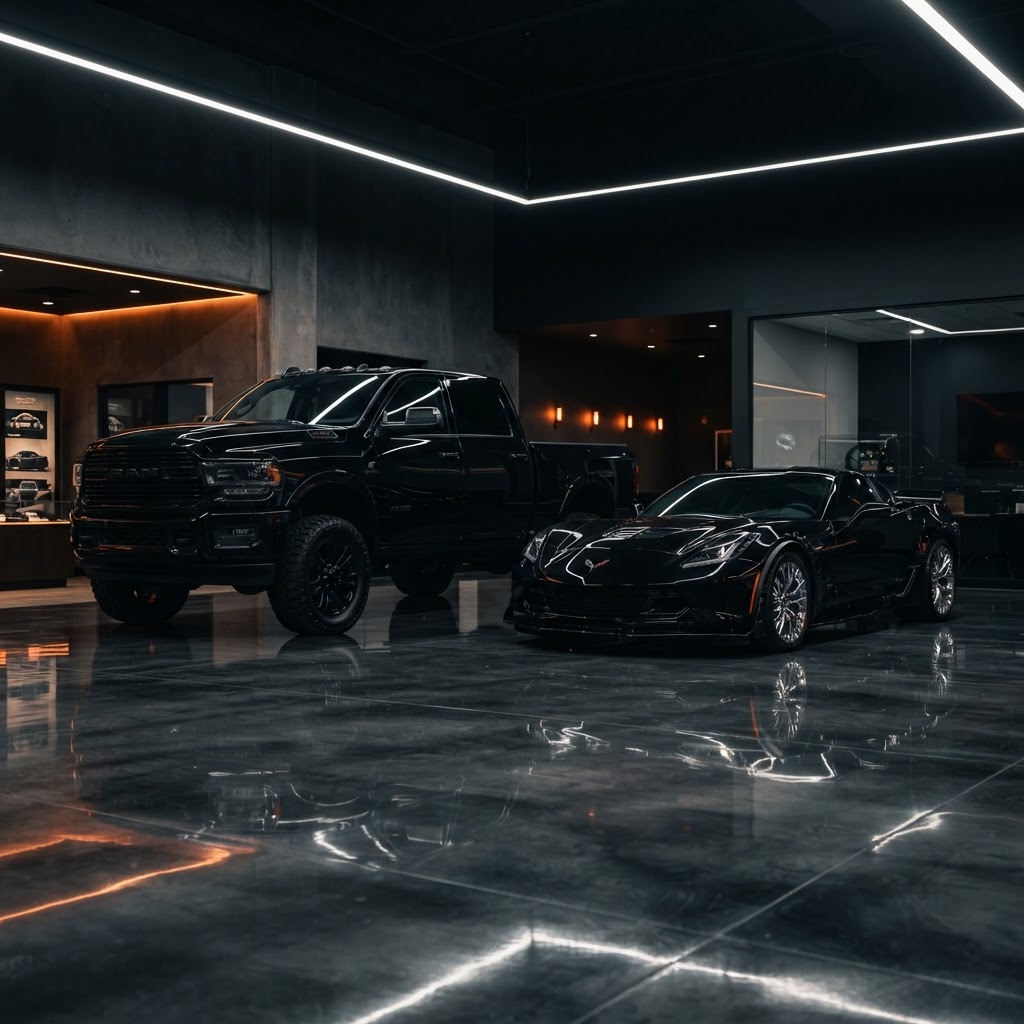 Black Dodge Cummins and C7 Corvette in luxury detailing studio