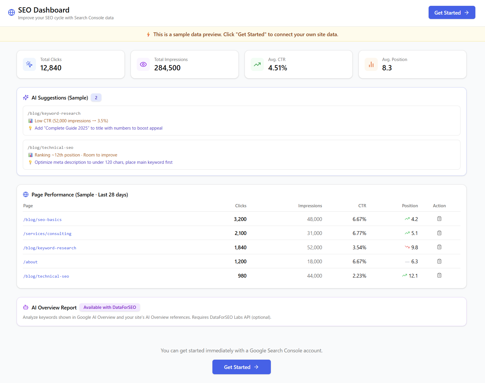 SEO Dashboard（SEOダッシュボード ） — GSC + AI Optimization template preview