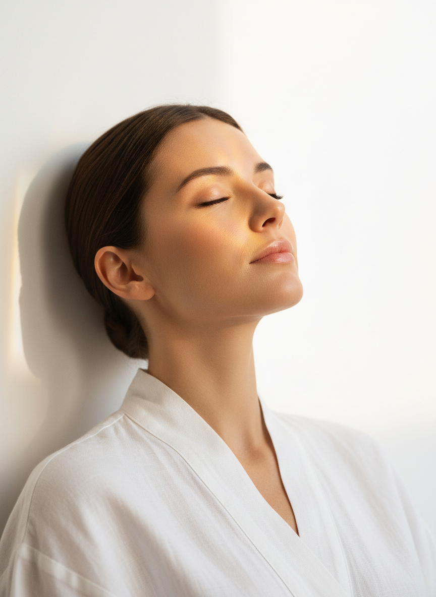 Serene woman experiencing cellular coherence session